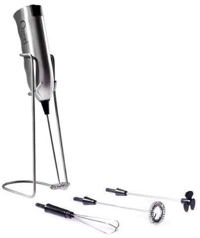 Ozeri Deluxe Milk Frother and Whisk in Stainless Steel with Stand and 4-Frothing Attachments  奧澤瑞 Deluxe 不銹鋼奶泡器及打蛋器，連支架及 4 件打奶泡配件